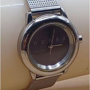 GUESS Women's Blue Face "WORKING" Watch Silver Tone Mesh Strap Stainless Steel